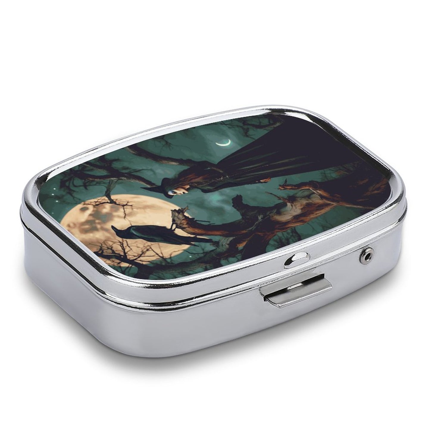 Rectangular metal box with a decorative lid featuring a moonlit scene with birds.