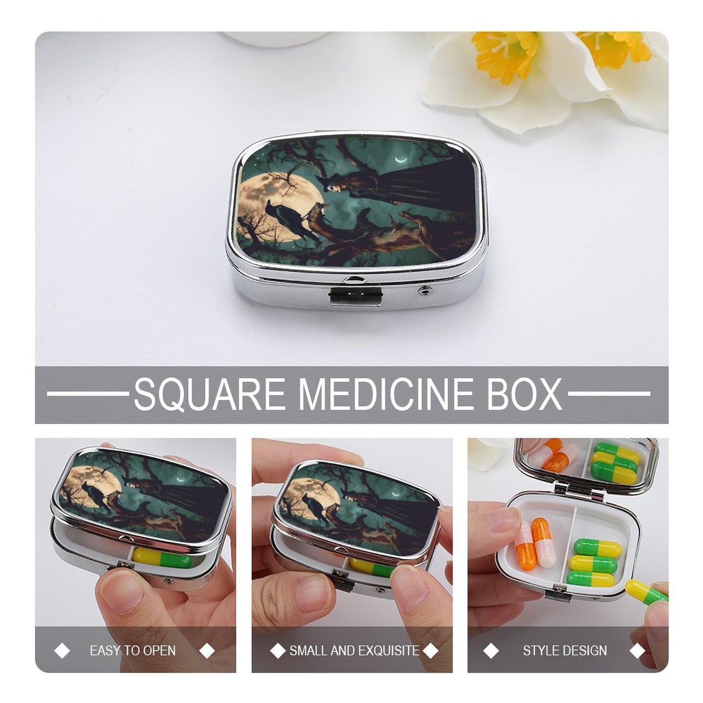 Square medicine box with artistic design on a white background