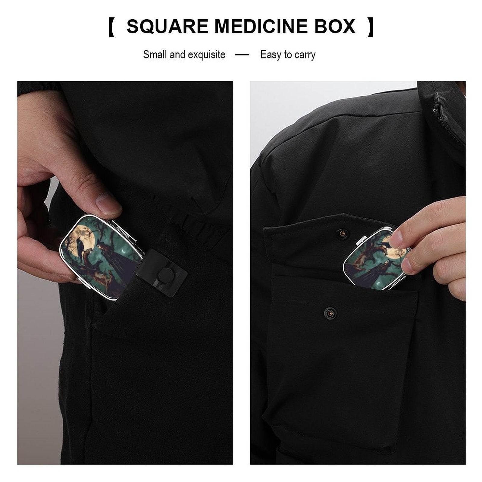 Small square medicine box being placed into a black jacket pocket.