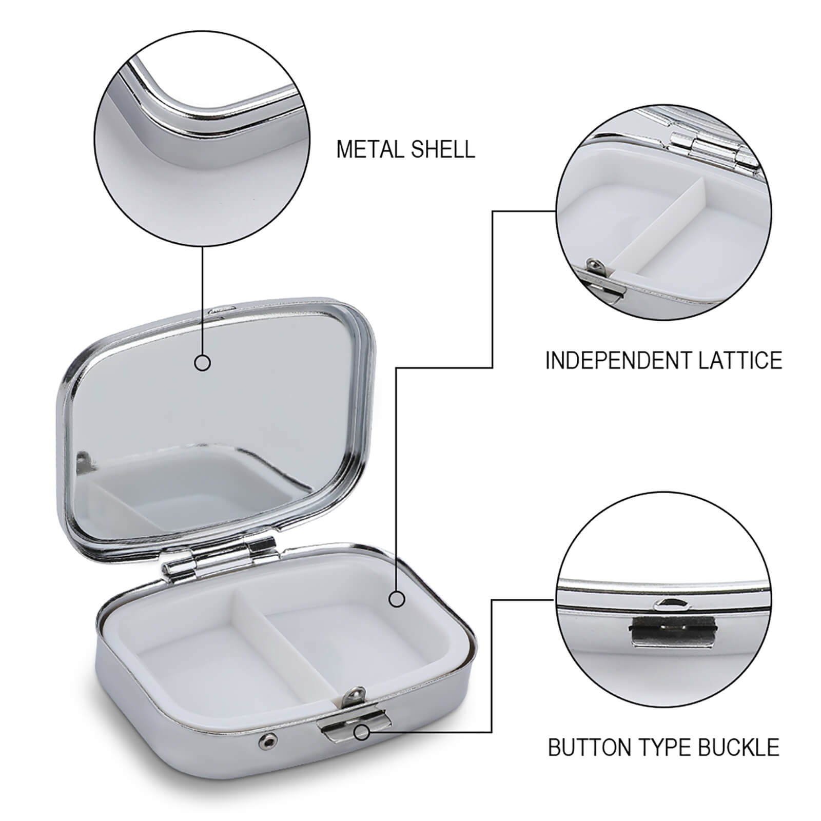 Metallic jewelry box with labeled features on a white background