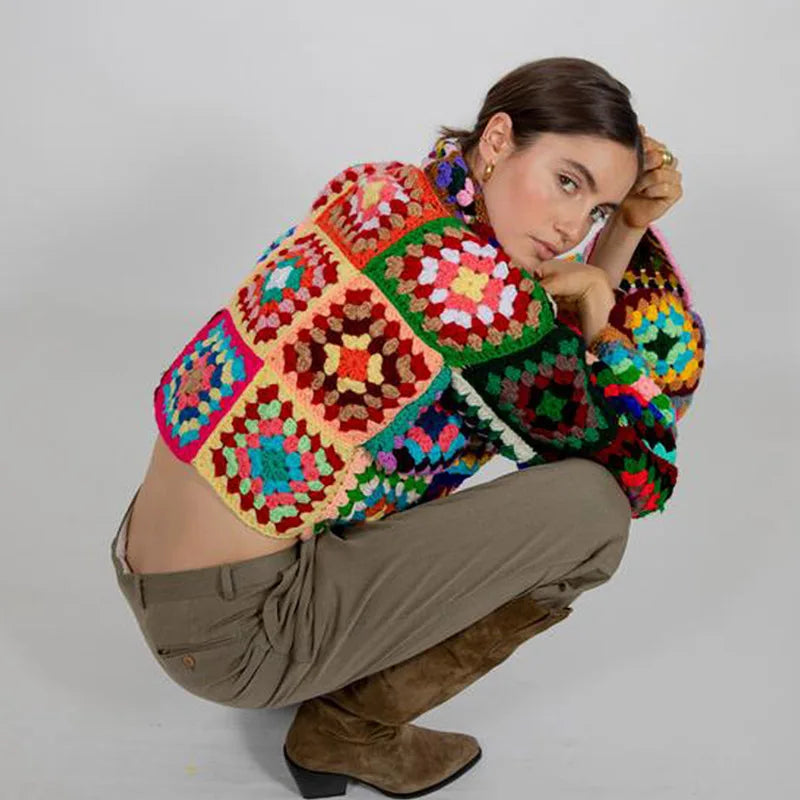 Oversized Turtleneck Crochet Sweater, Boho Granny Square Afghan Pullover