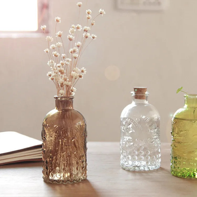 Aromatherapy Vase, Boho Style, Transparent Retro Embossed Glass Bottle