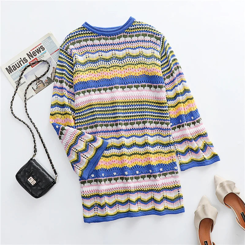 Striped Knitted Sweater Dress, Crochet Mini Boho Dress