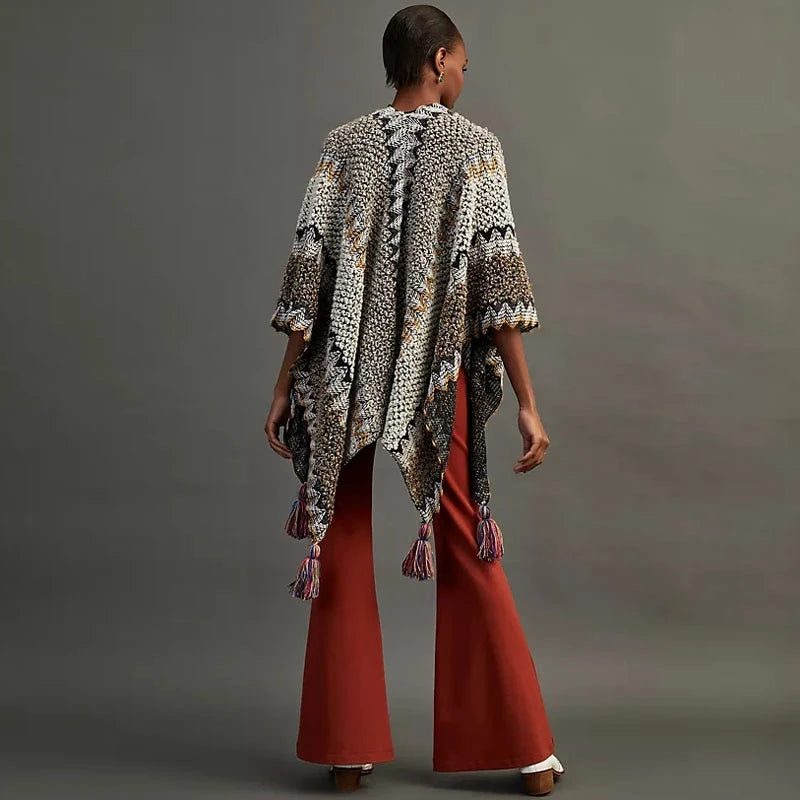 Boho Fringed Knit Kimono, Colorful Colombia Poncho