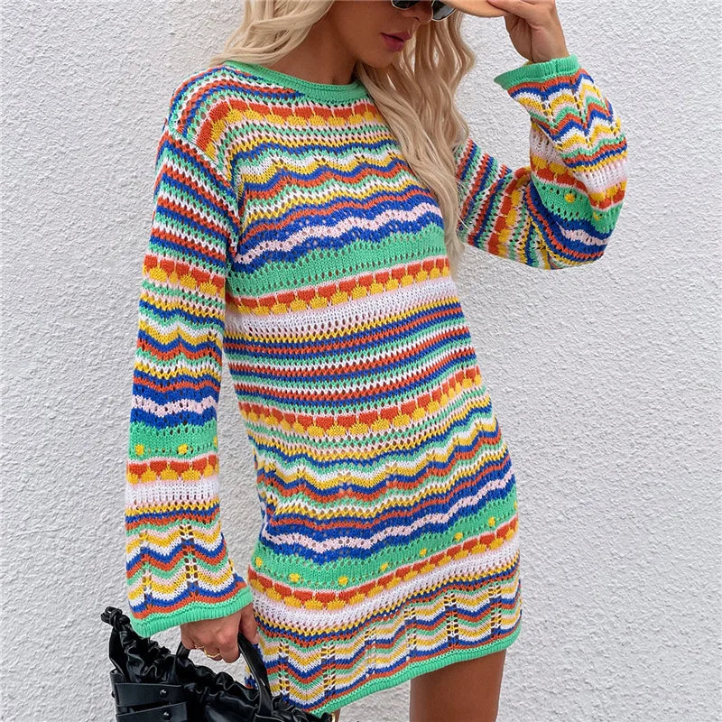 Striped Knitted Sweater Dress, Crochet Mini Boho Dress