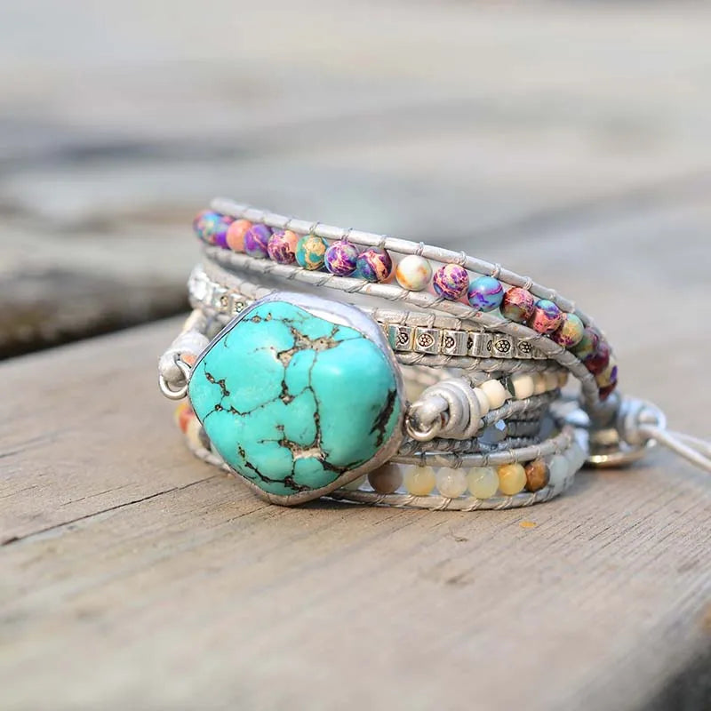 Nautural Stone Turquoise Wrap Bracelet, Bohemian Jewelry, Boho Wrap Bracelet