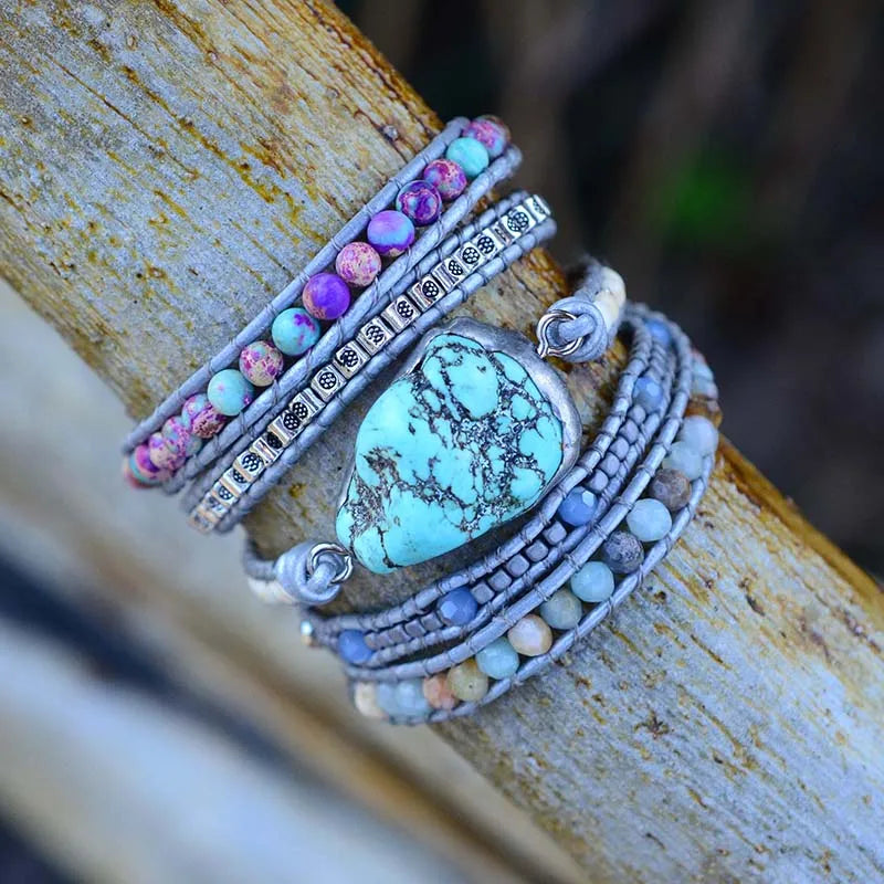 Nautural Stone Turquoise Wrap Bracelet, Bohemian Jewelry, Boho Wrap Bracelet