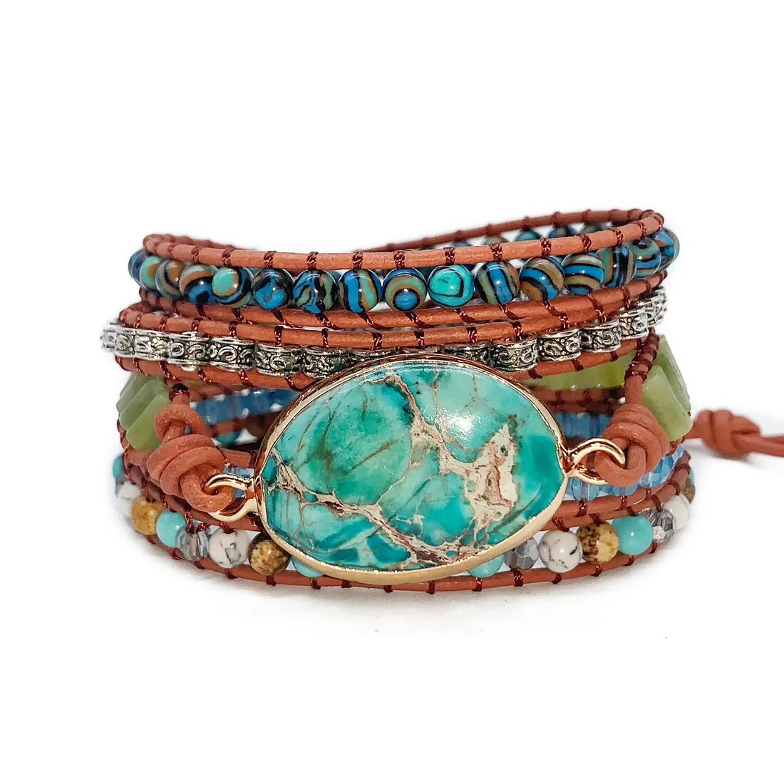 Imperial Stone Bracelet Leather Wrap Bracelet, Boho Wrap Bracelet, Bohemian Jewelry