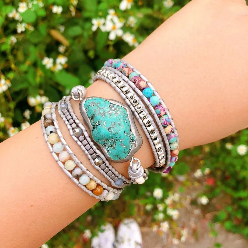 Nautural Stone Turquoise Wrap Bracelet, Bohemian Jewelry, Boho Wrap Bracelet