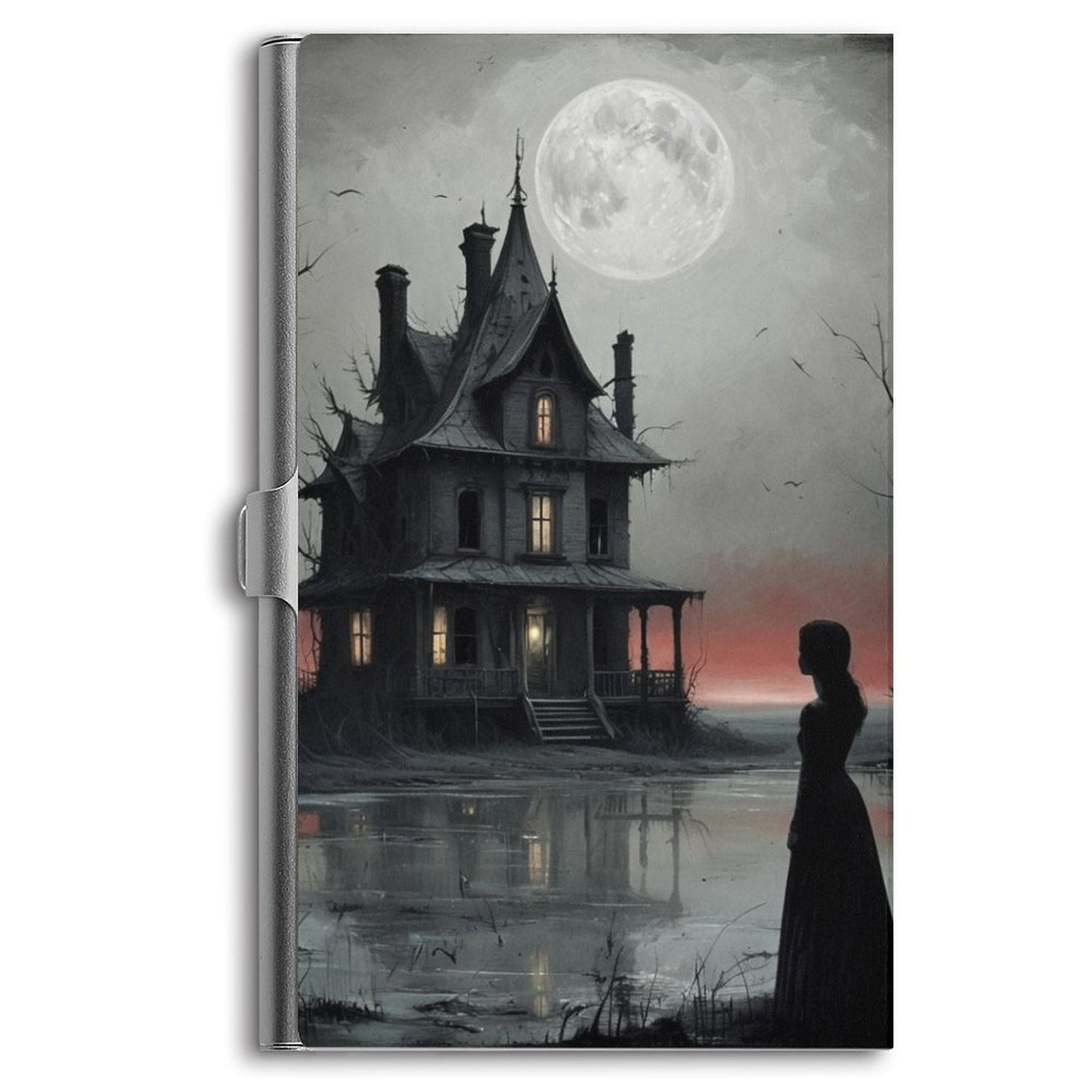 A business card holder with a UV printed case featuring a gothic-style illustration of a house under a moonlit sky.