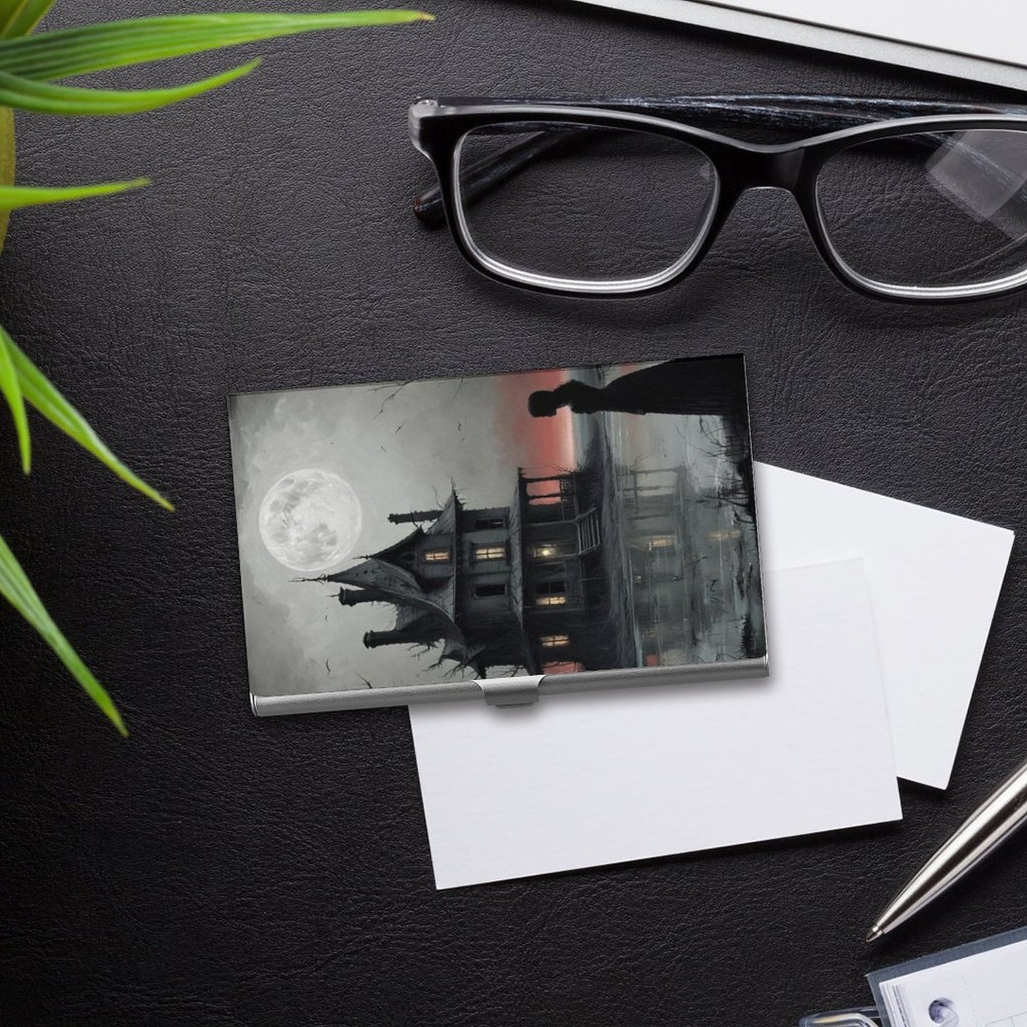 Haunted Night Aluminum Business Card Holder: Witchy Office Decor