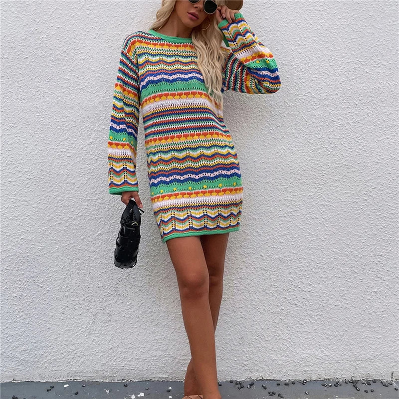 Striped Knitted Sweater Dress, Crochet Mini Boho Dress