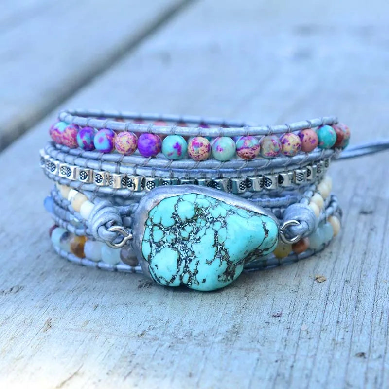 Nautural Stone Turquoise Wrap Bracelet, Bohemian Jewelry, Boho Wrap Bracelet