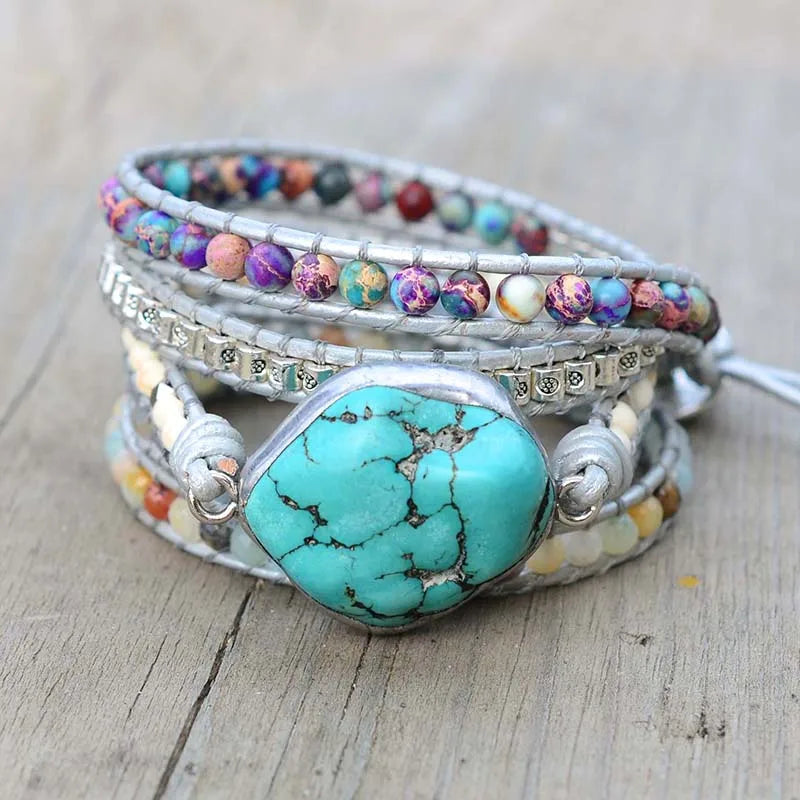 Nautural Stone Turquoise Wrap Bracelet, Bohemian Jewelry, Boho Wrap Bracelet