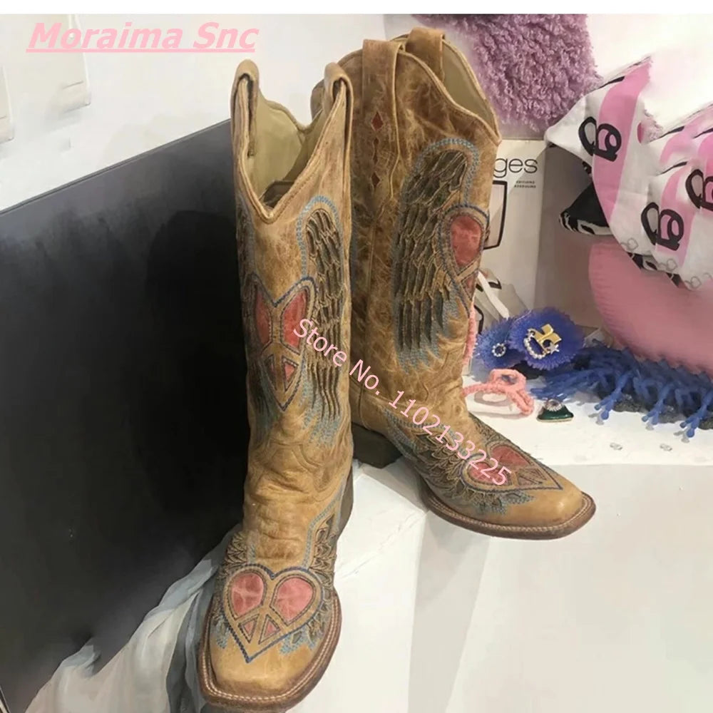 Heart Angel Wings Cowboy Boots, Pointed Toe Suede Slip On Leather Boots