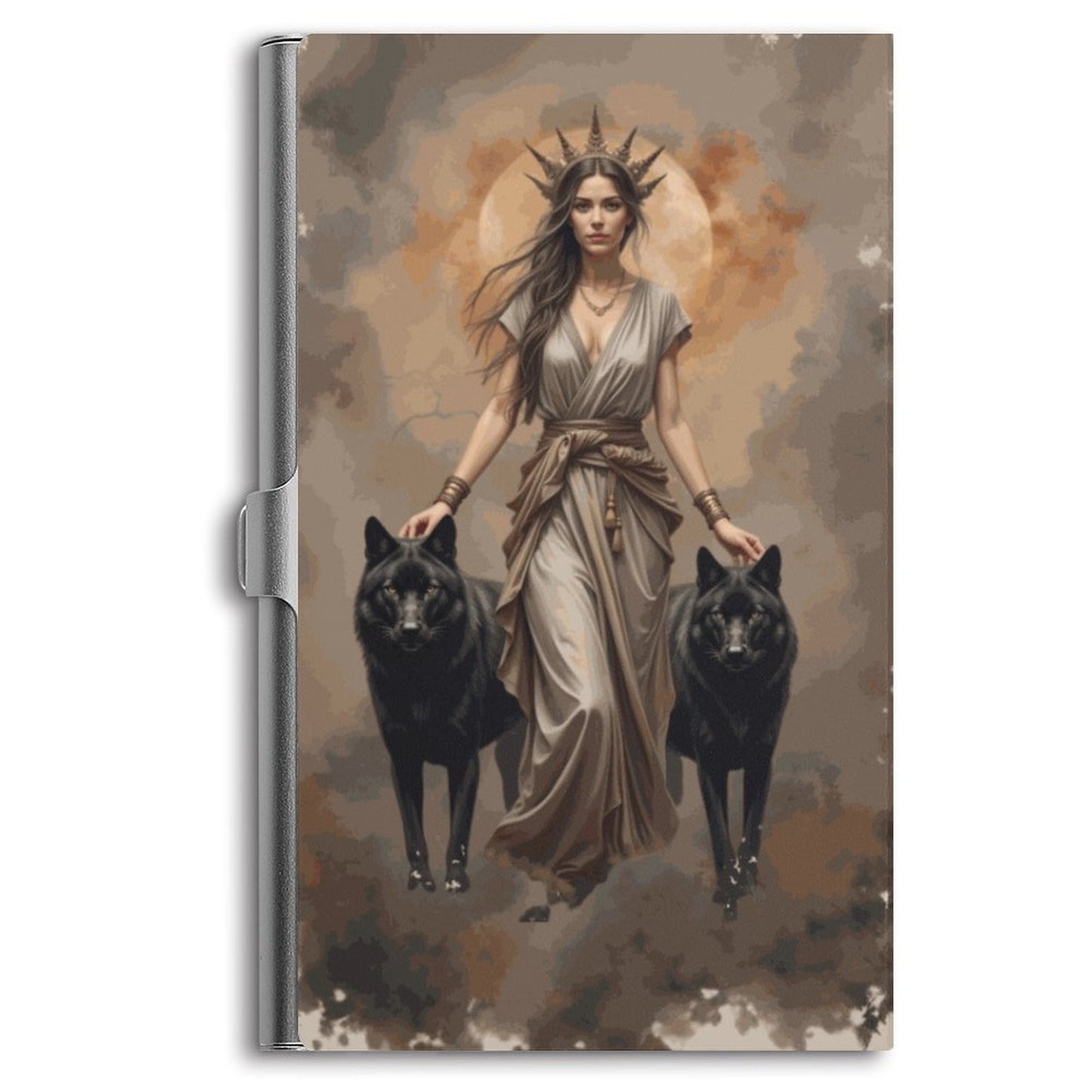 Business card holder with a printed design featuring a female figure and two dogs on the front cover.