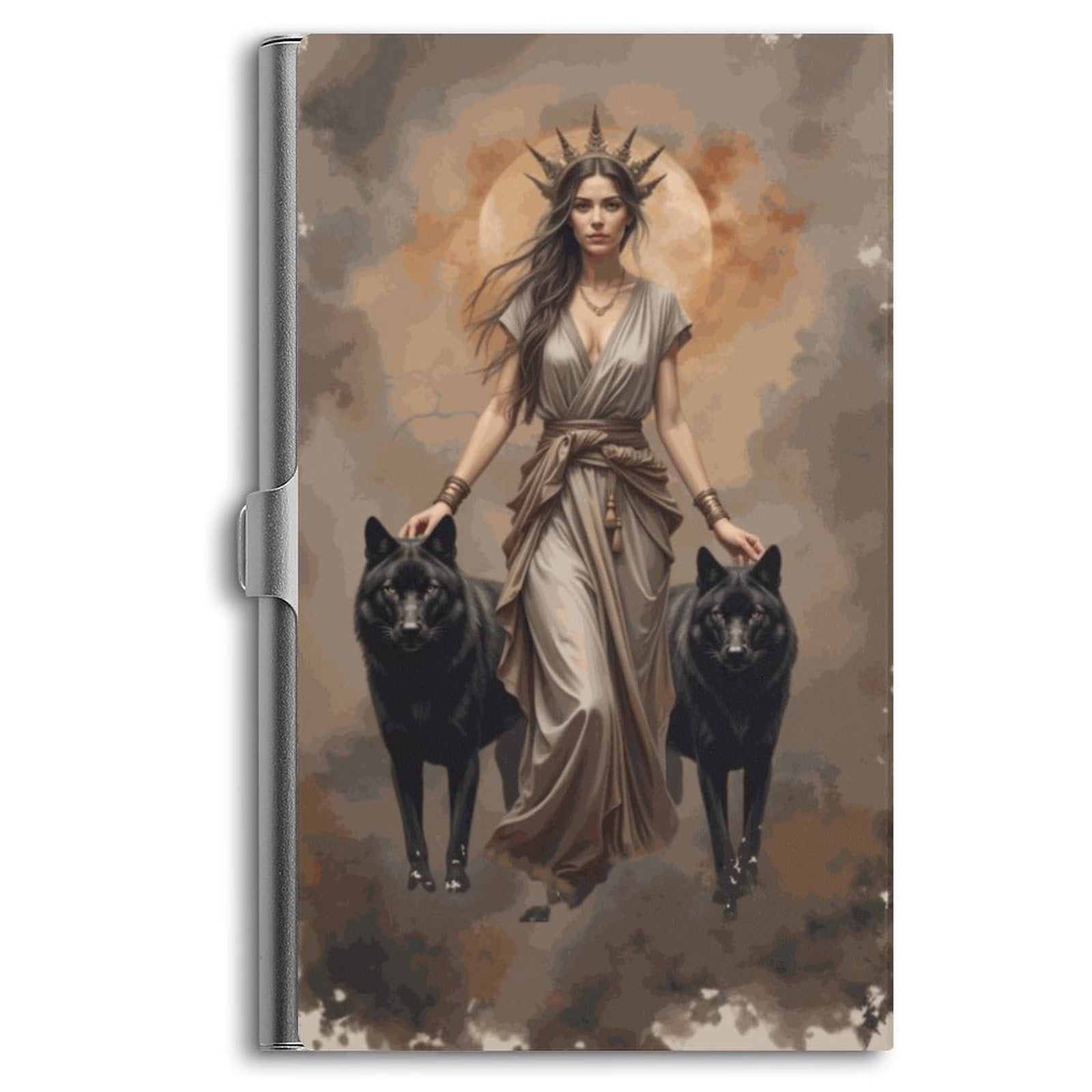 Business card holder with a printed design featuring a female figure and two dogs on the front cover.