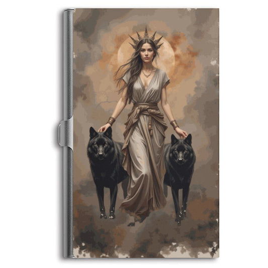 Business card holder with a printed design featuring a female figure and two dogs on the front cover.