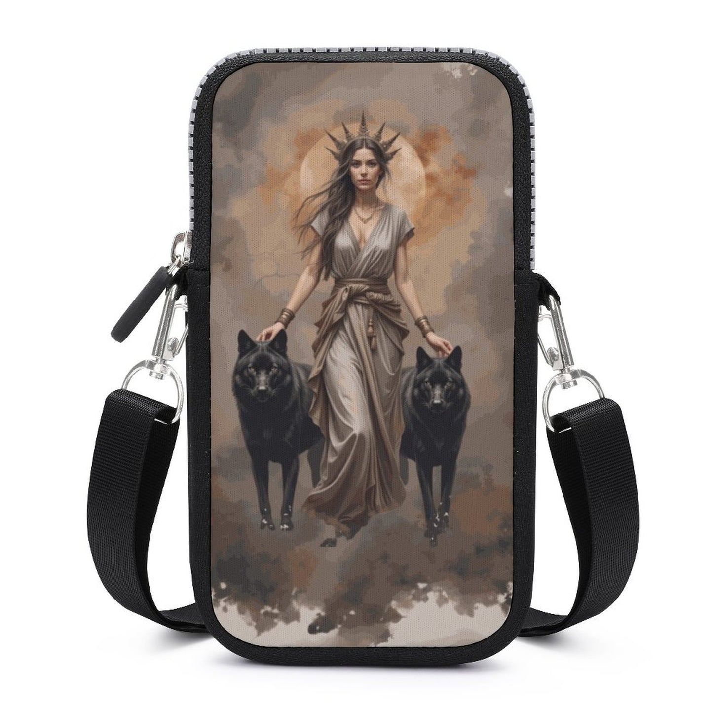 A multicolored cell phone crossbody pouch with a character and two wolves printed on the front, with a black shoulder strap.