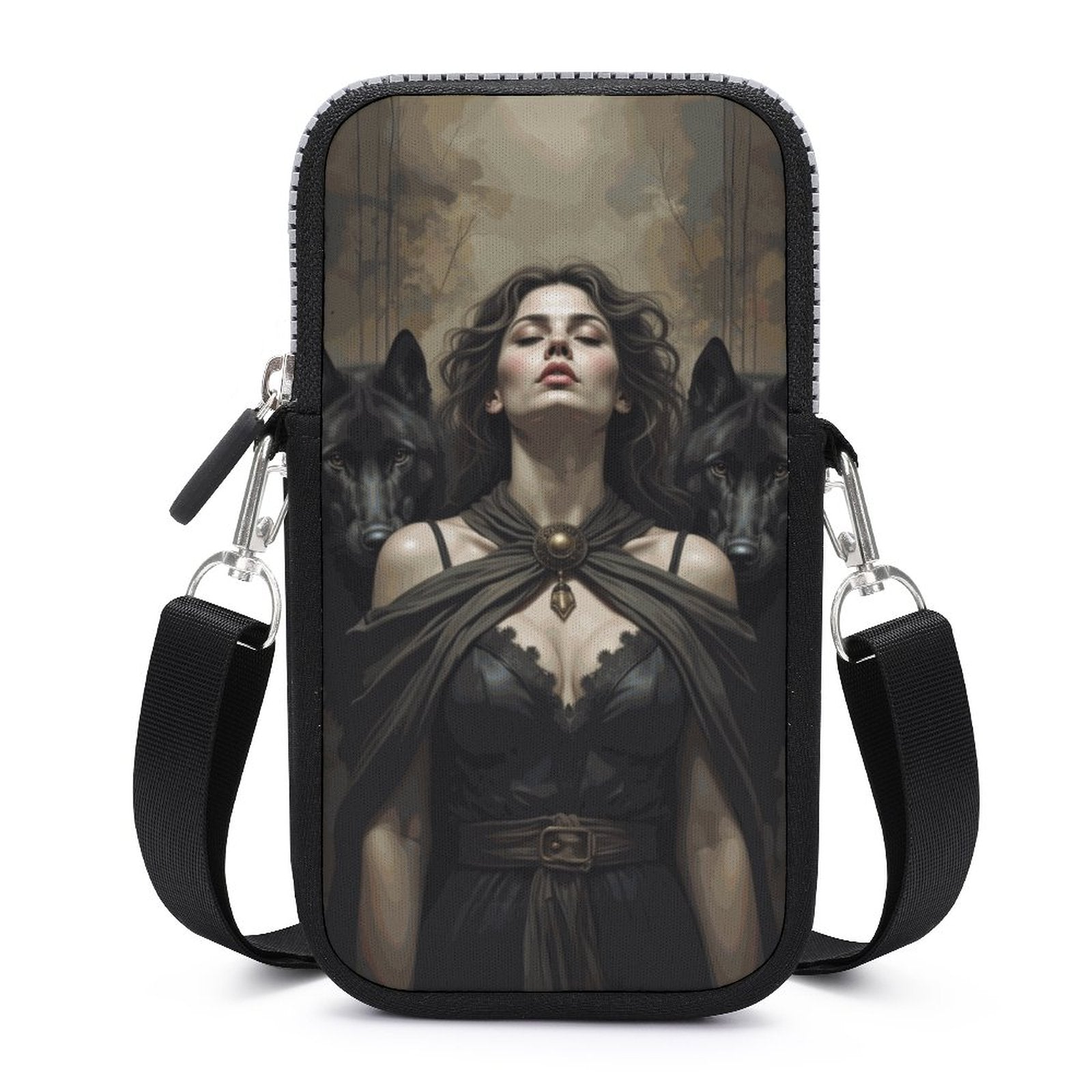 A black neoprene cell phone crossbody pouch with a graphic print of a woman and two wolves. The pouch has a zipper closure and a detachable shoulder strap.