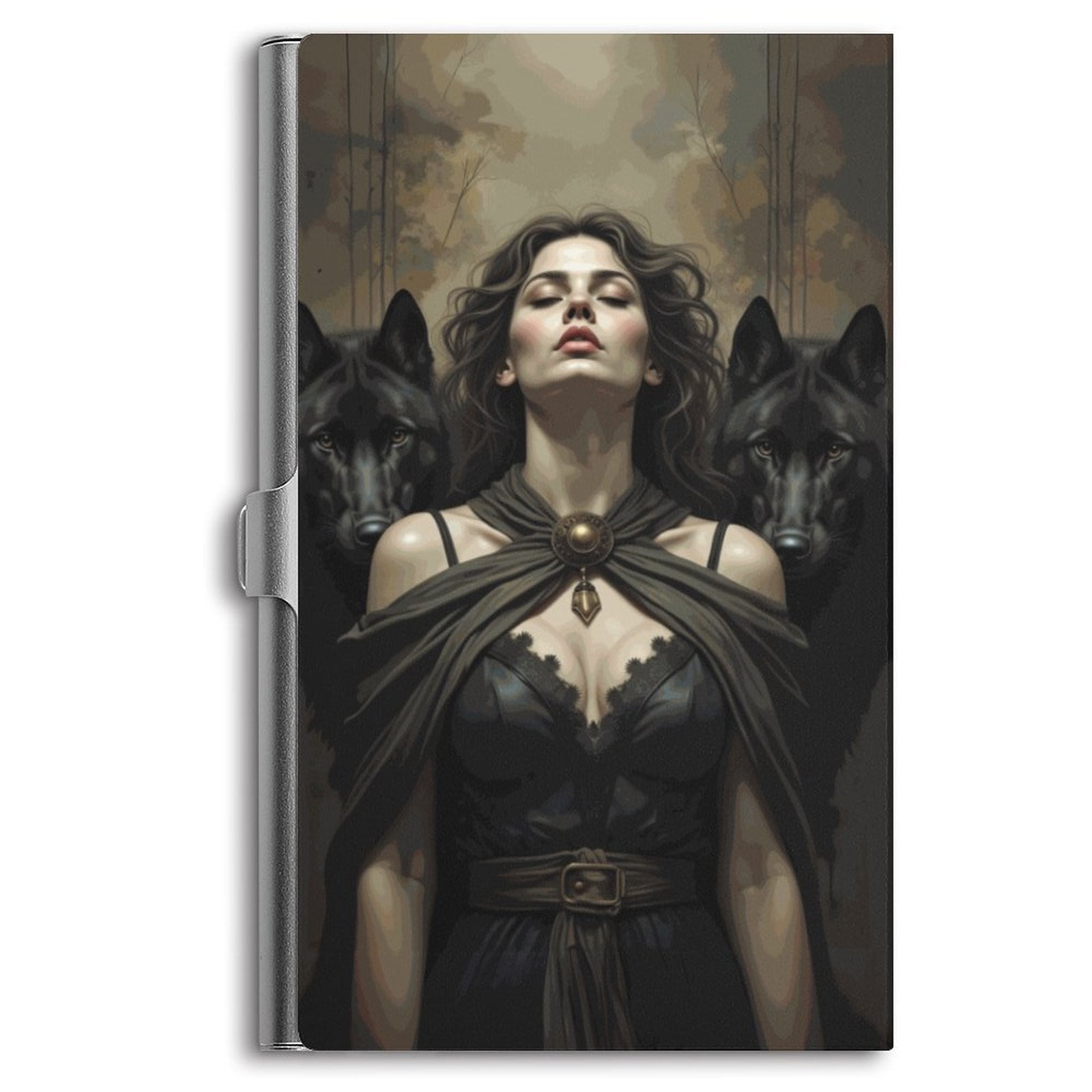 Business card holder with a design of a woman and black cats on a white background