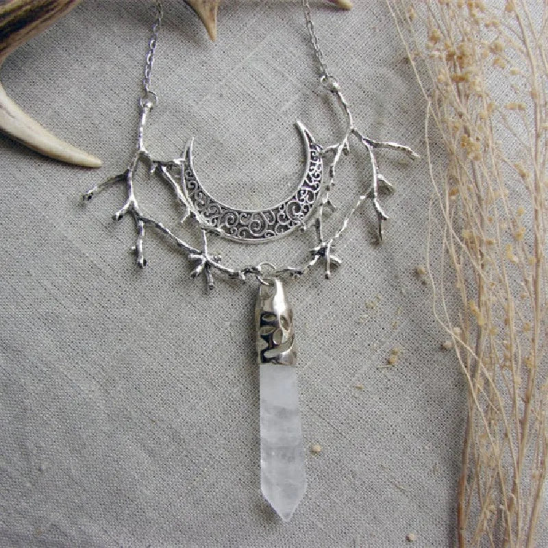 Crystal Crescent Moon Branches Necklace, Charm Fantasy Forest Twig Piece, Wicca Jewelry - The Witchy Gypsy