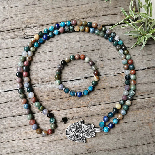 Indian Onyx Beads Apatite Mala Necklace, Charming Lotus Pendant