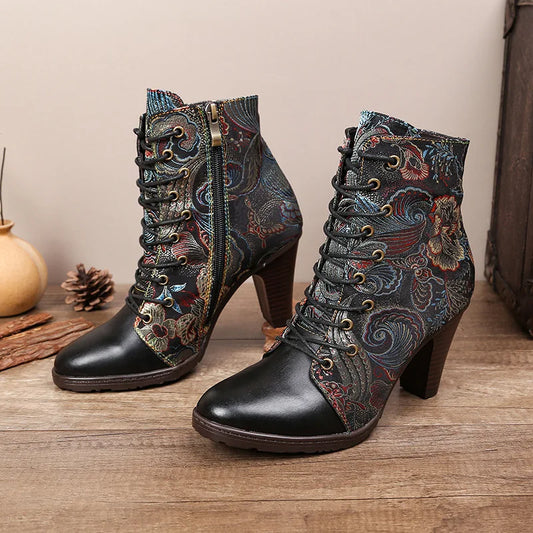 Johnature Dark Academia Ankle Boots, Genuine Leather Ethnic Style Pointed Toe