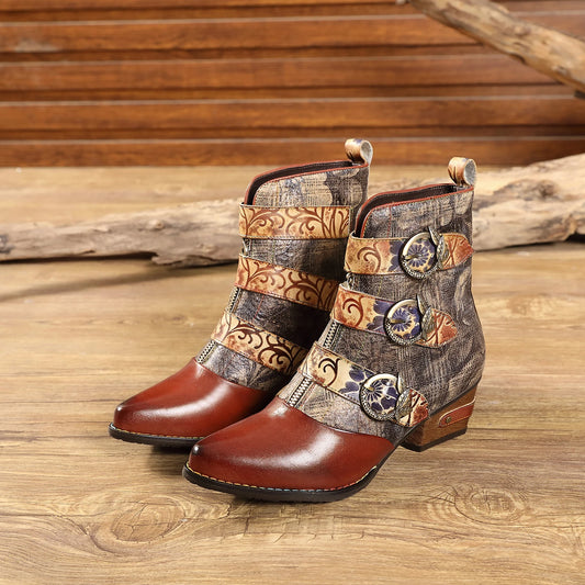 Johnature Embossed Strap Ankle Boots, Genuine Leather Patchwork Front Zip Pointed Toe