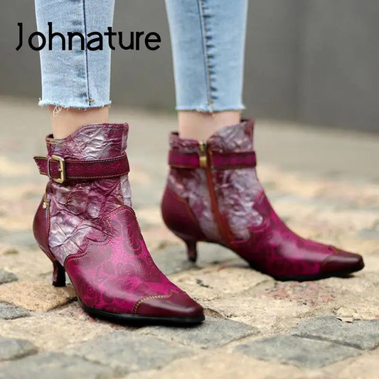 Johnature Genuine Leather Boots, Cloth Pointed Toe Zip 2025 New Handmade