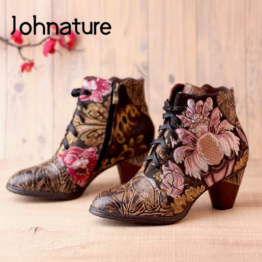 Johnature Genuine Leather Embroidery Cloth Boots, Hand-Embossed Round Toe Floral