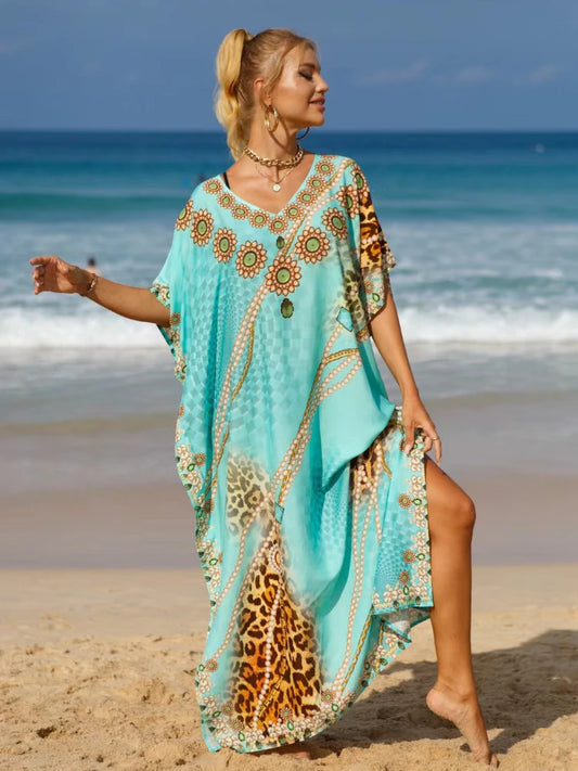 Kaftan Dresses Tropical Printed Cover Ups, Elegant Maxi Robe