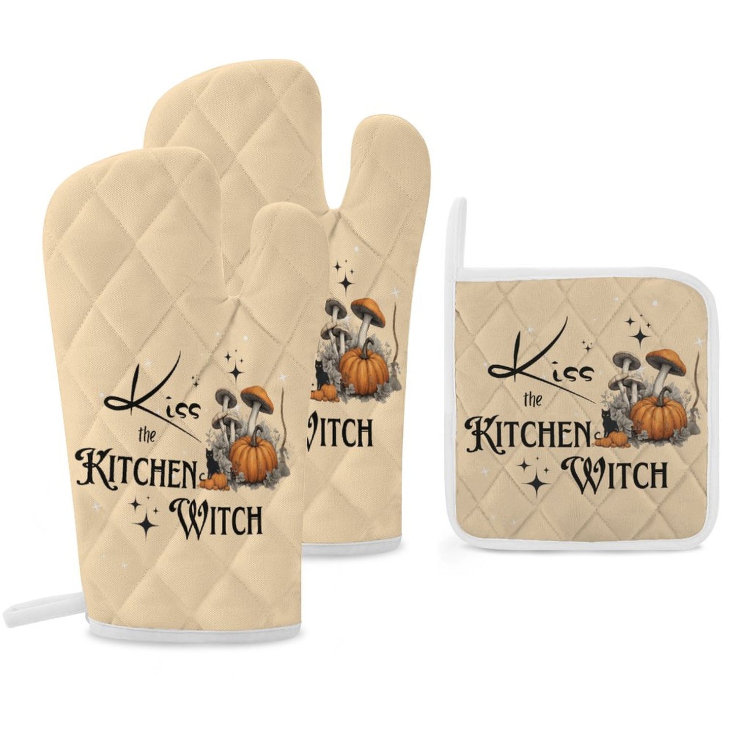 Kitchen Witch Oven Mitts & Pot Holder Set: Pagan Black Magick Decor