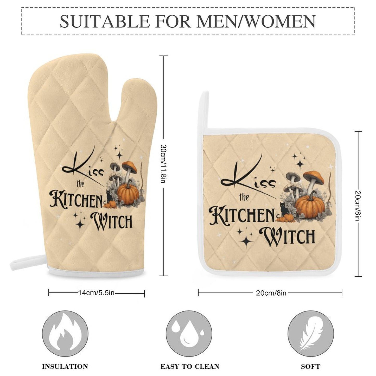 Kitchen Witch Oven Mitts & Pot Holder Set: Pagan Black Magick Decor