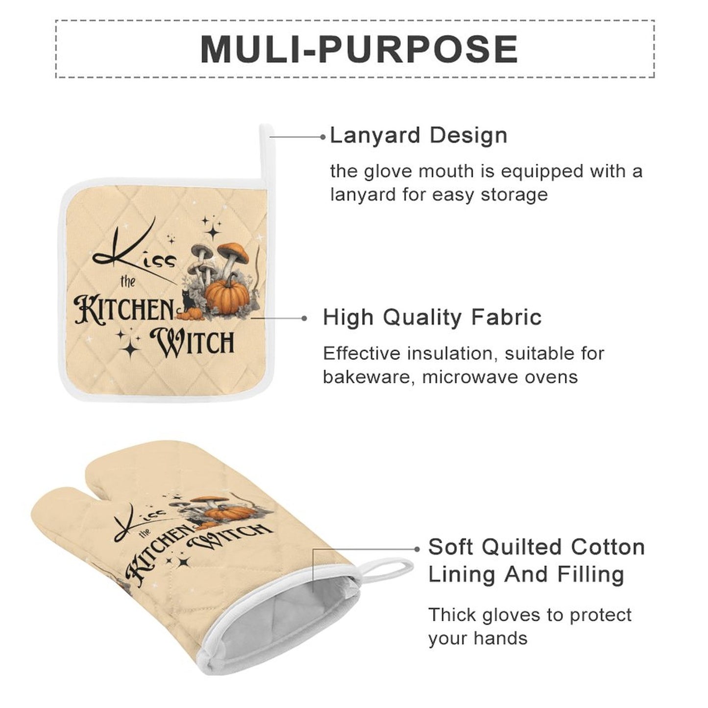 Kitchen Witch Oven Mitts & Pot Holder Set: Pagan Black Magick Decor