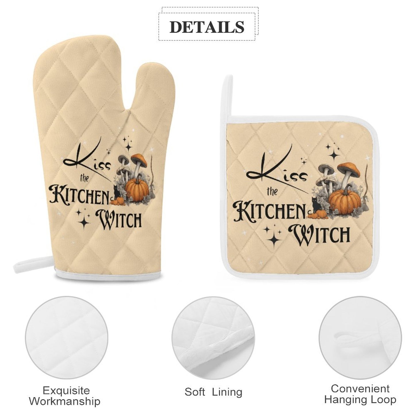 Kitchen Witch Oven Mitts & Pot Holder Set: Pagan Black Magick Decor