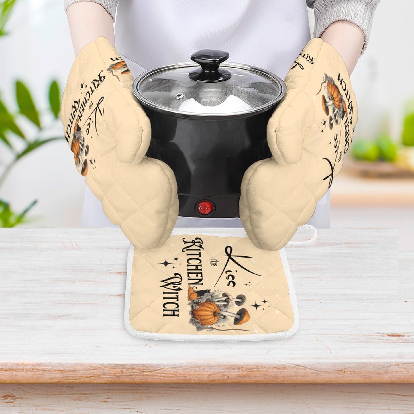 Kitchen Witch Oven Mitts & Pot Holder Set: Pagan Black Magick Decor