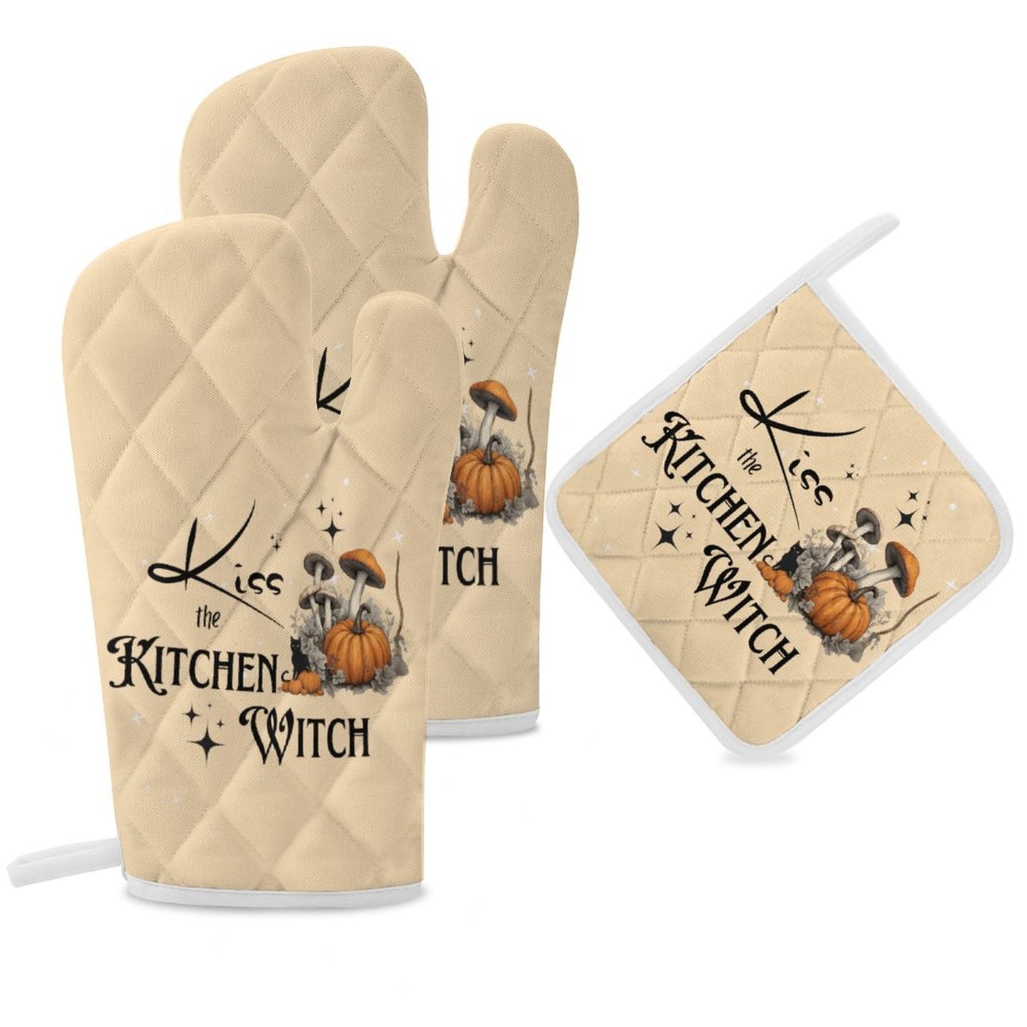 Kitchen Witch Oven Mitts & Pot Holder Set: Pagan Black Magick Decor
