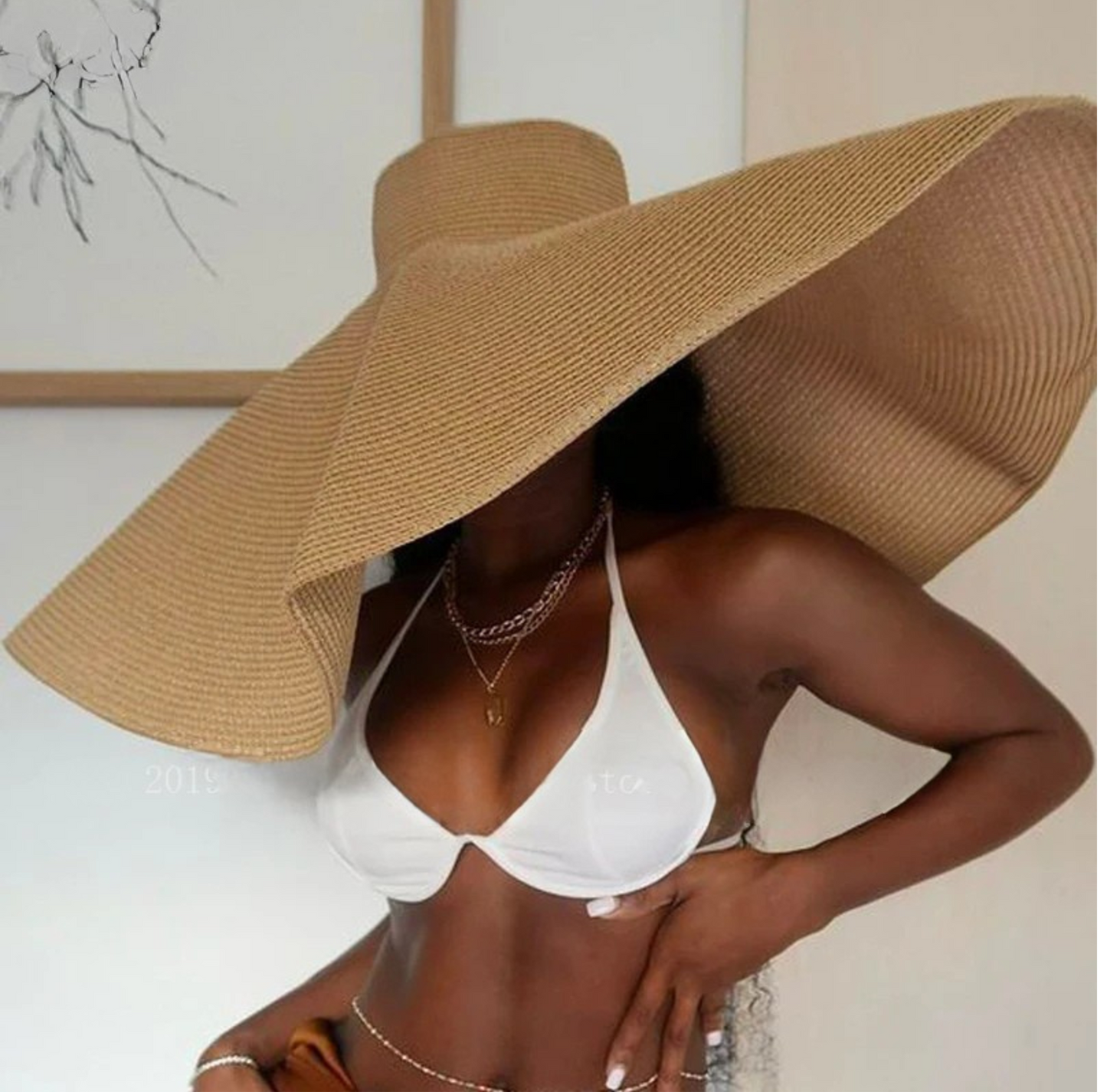 Person wearing a white bikini and large beige hat against a neutral background