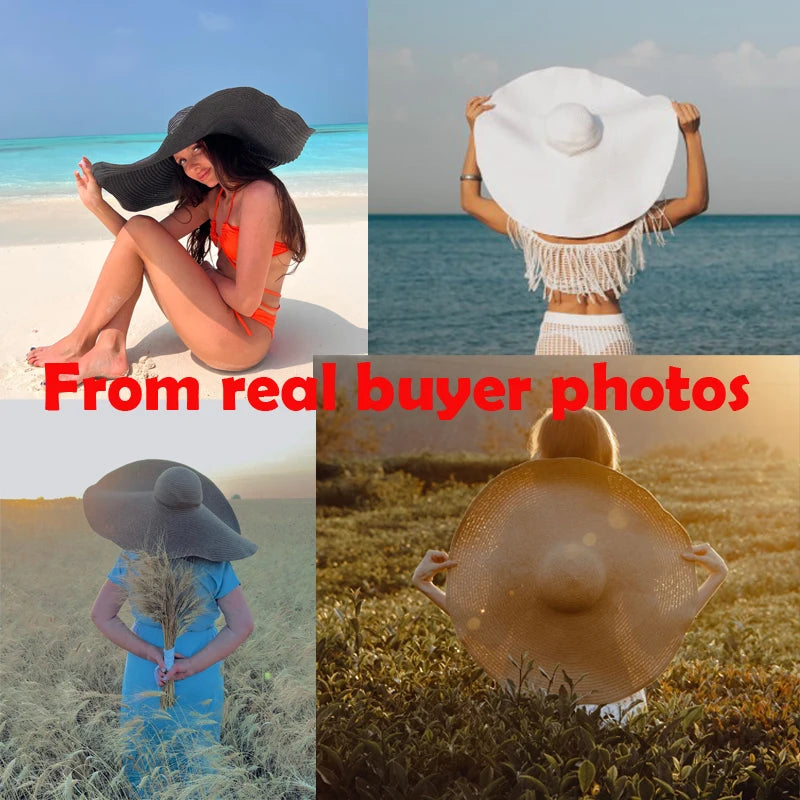 Collage of people wearing large hats in various outdoor settings with text 'From real buyer photos'.