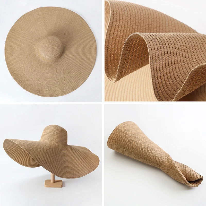 Collage of a beige straw hat showing different angles and textures on a white background.