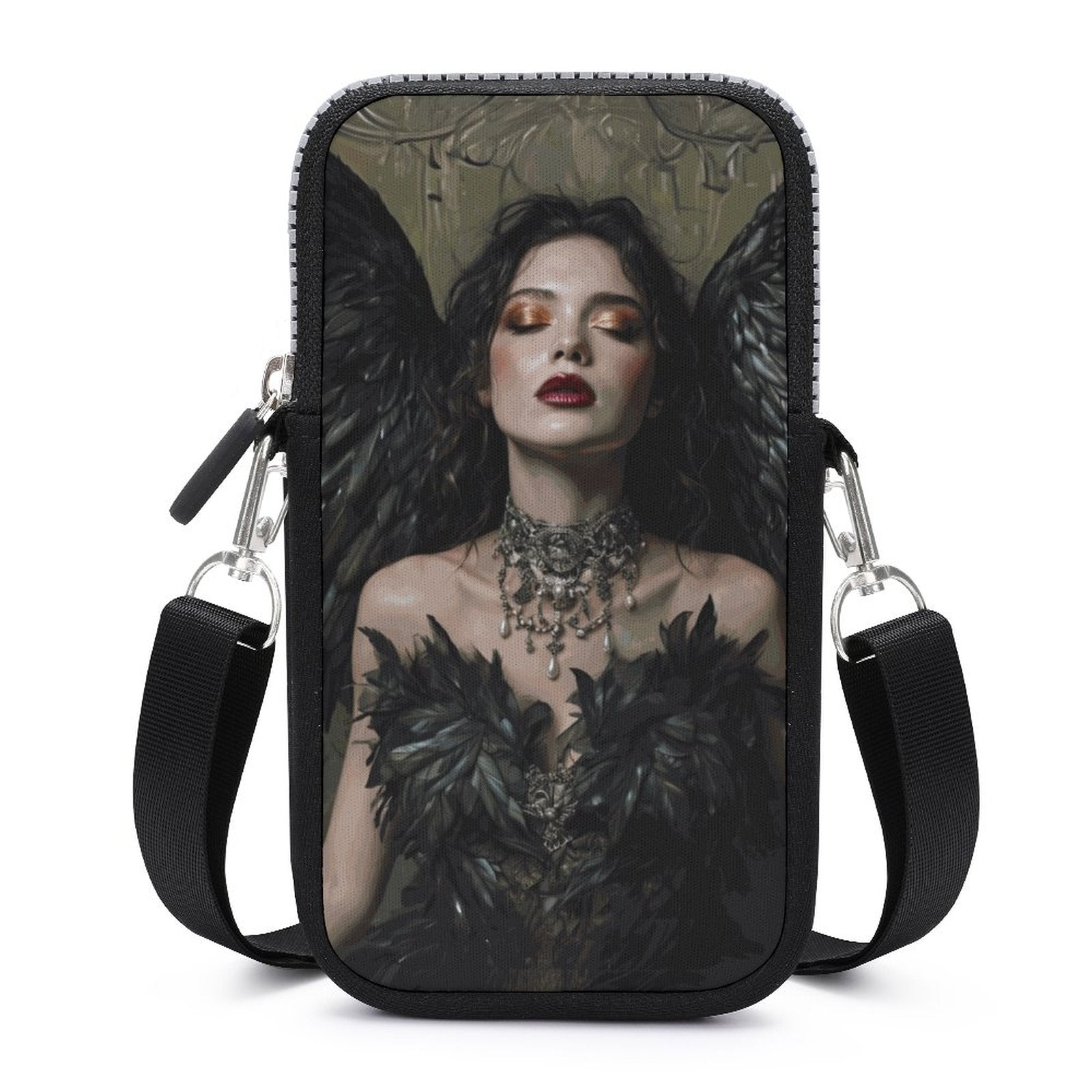 A black neoprene cell phone crossbody pouch with a detachable strap, featuring a printed design with a character.