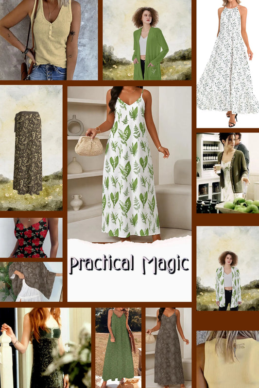 Collage of women wearing various dresses with 'Practical Magic' branding.