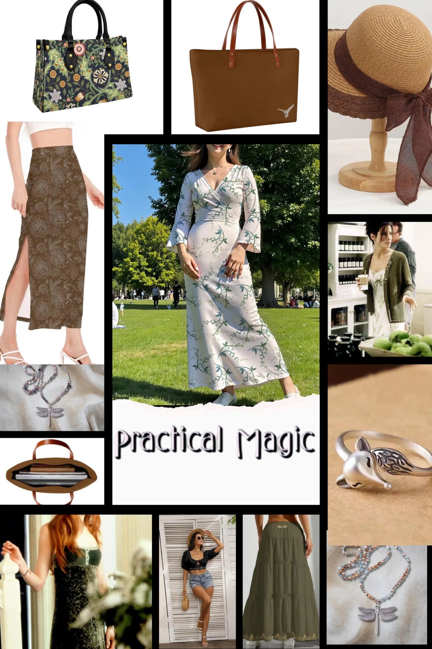 Collage of fashion items including bags, dresses, and jewelry with 'Practical Magic' text.