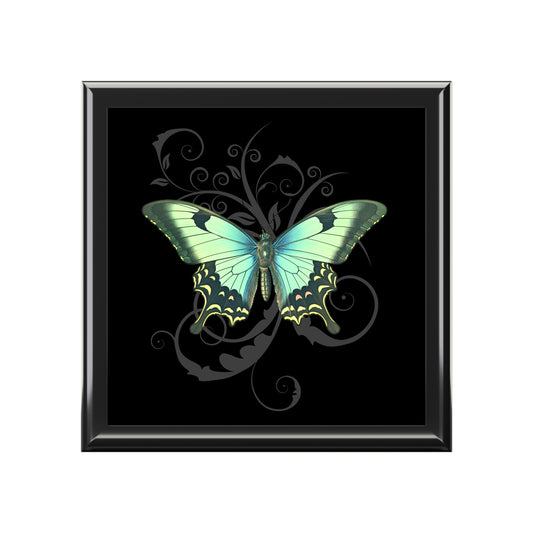 Framed artwork of a green butterfly on a black background