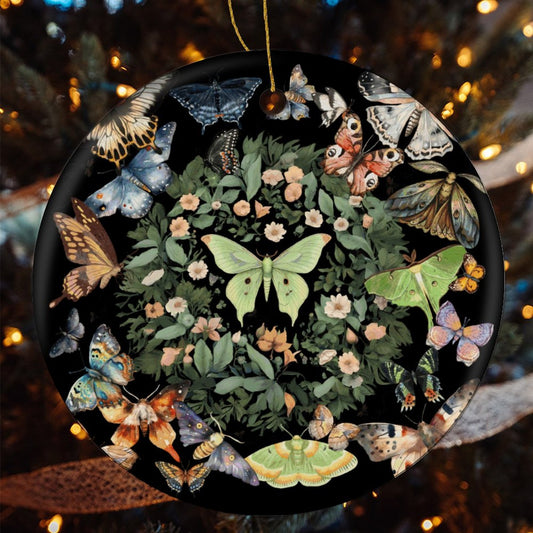 Lunamoth Wreath Round Christmas Ceramic Ornament, Dark Cottagecore 