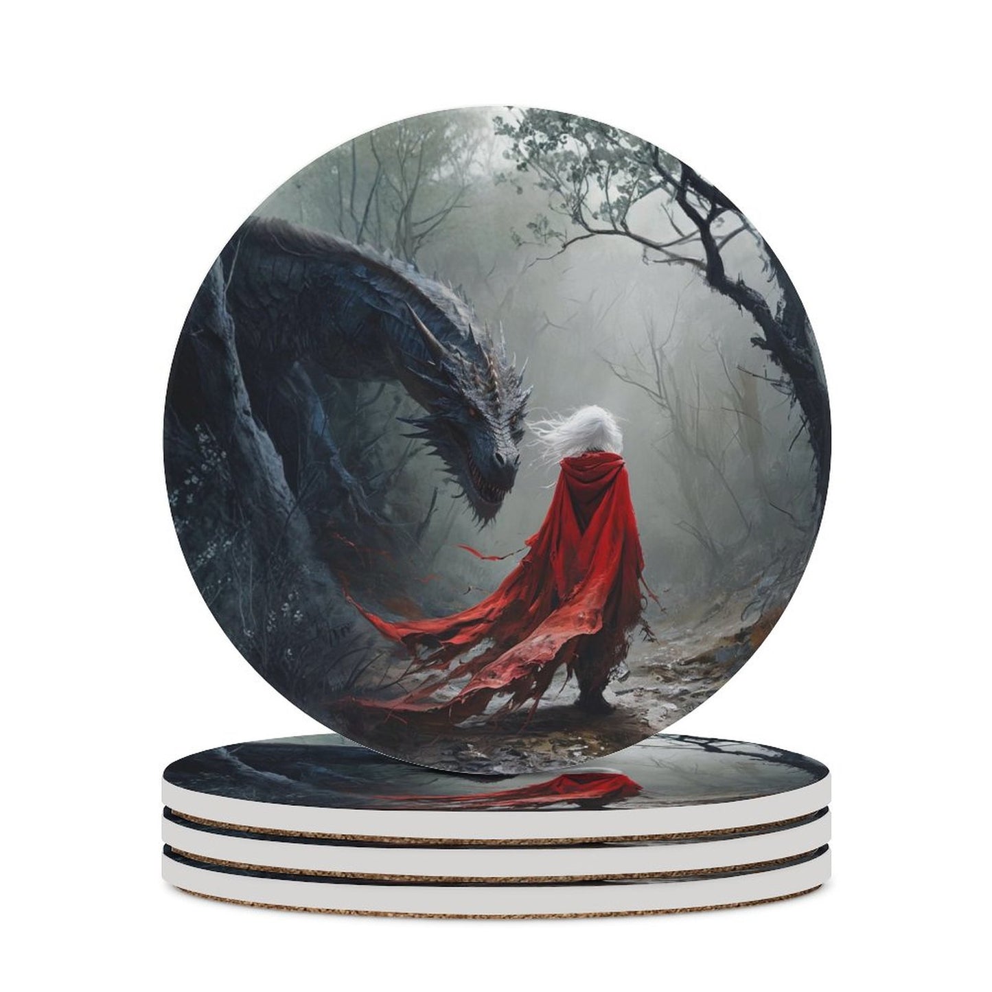 Coaster with a dragon and person in red hood design on a white background