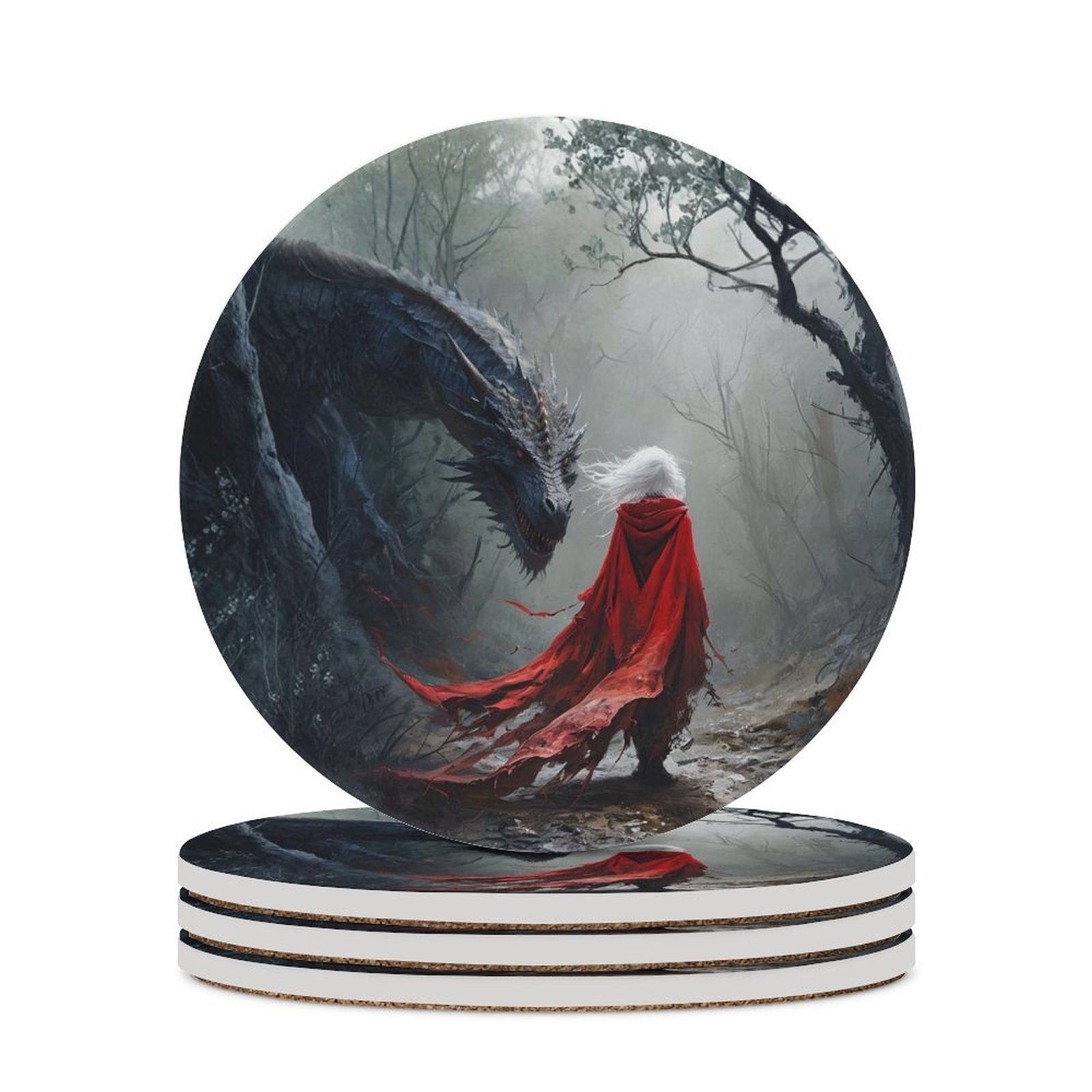 Coaster with a dragon and person in red hood design on a white background