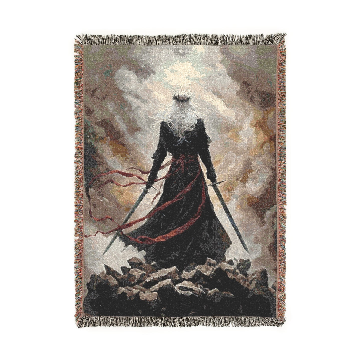 Woven blanket with a warrior design on a plain background
