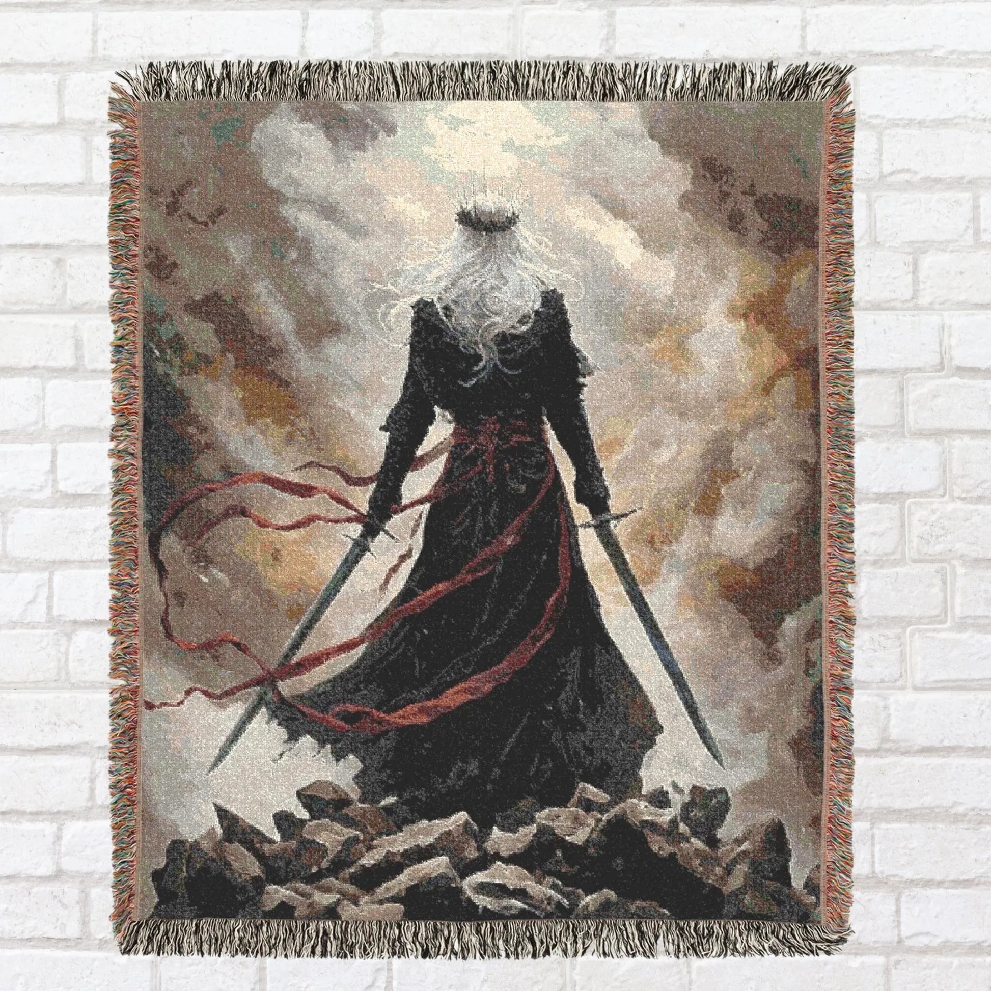 Woven blanket with a woman in a black dress and crown design, held against a brick wall.